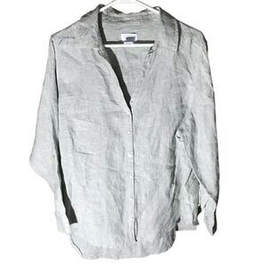 Sigred Olsen 100% Linen size 1X Button Down light gray/green long sleeve